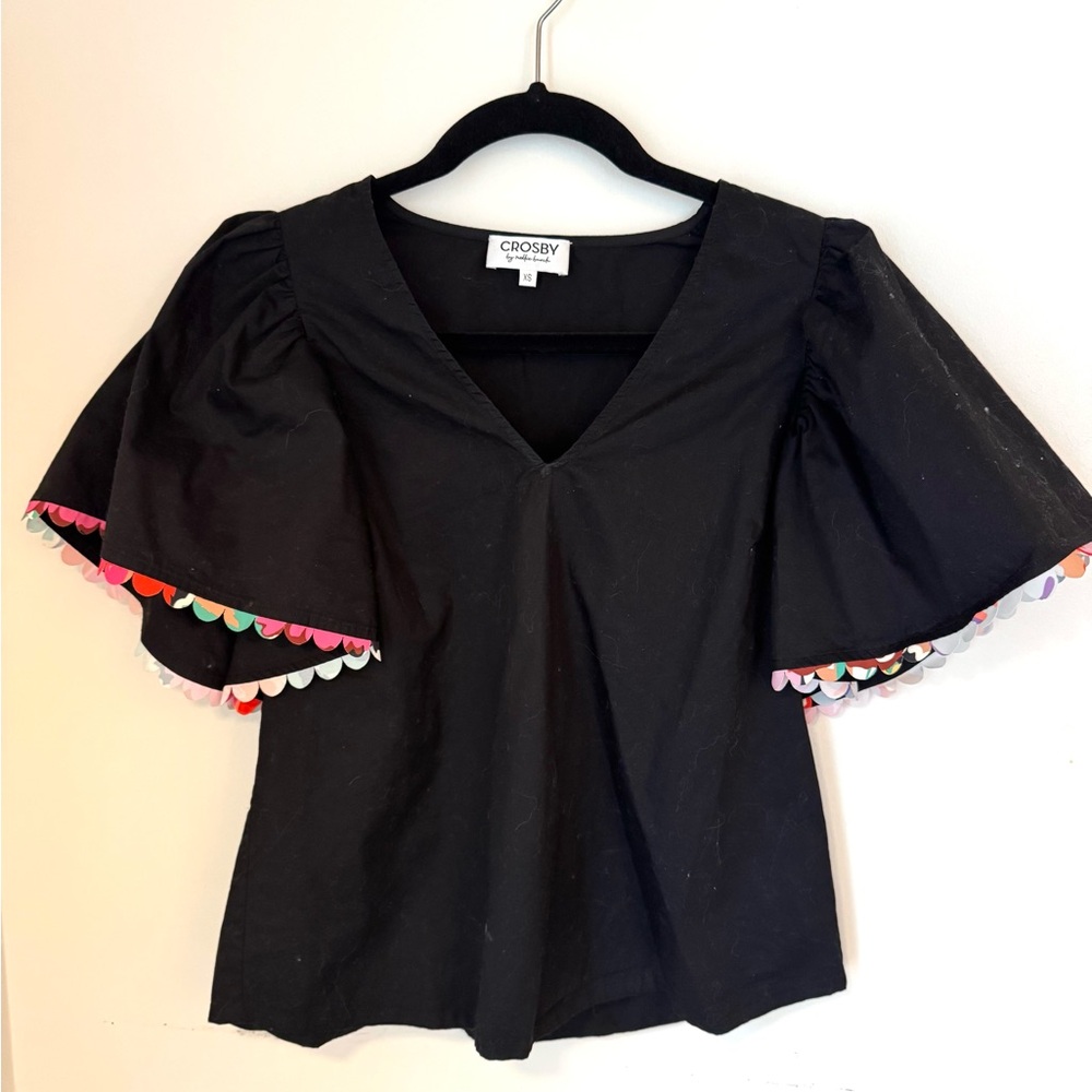 CROSBY by Mollie Burch Black Blouse with Multicolor Trim